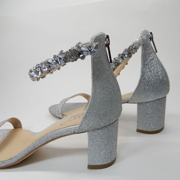 Jewel Badgley Mischka Catalina Ankle Strap Block Heel Sandals 8 Silver Glitter - Picture 9 of 15